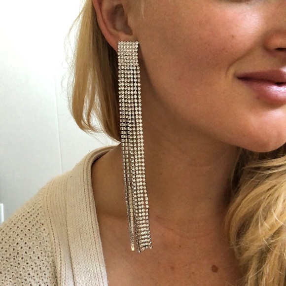 White Crystal Tassel Statement Earrings! - Picture 2 of 6
